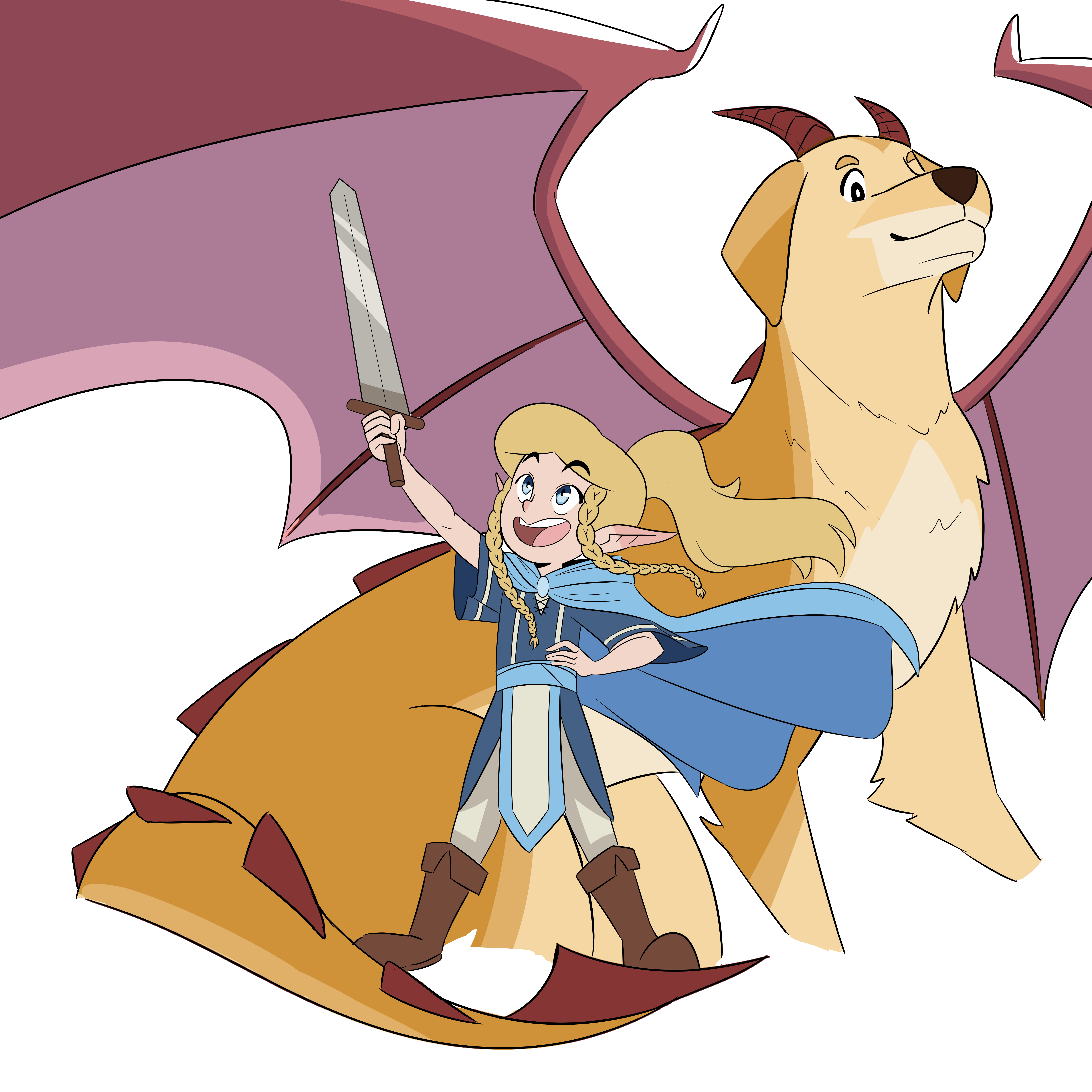 Daughter with Sword and Drake the Dog with Dragon Wings